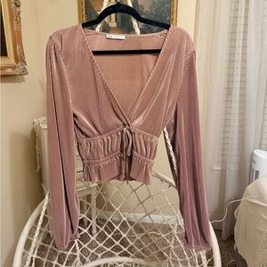 Zara Dusty Pink Ribbed V-Neck Blouse